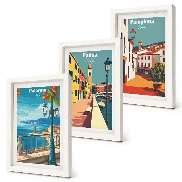 Moderne billedsæt med motiver af populære byer i en retro illustrativ stil