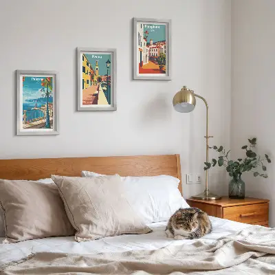 Moderne billedsæt med motiver af populære byer i en retro illustrativ stil