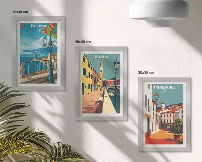 Moderne billedsæt med motiver af populære byer i en retro illustrativ stil