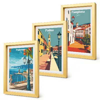 Moderne billedsæt med motiver af populære byer i en retro illustrativ stil