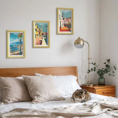 Moderne billedsæt med motiver af populære byer i en retro illustrativ stil