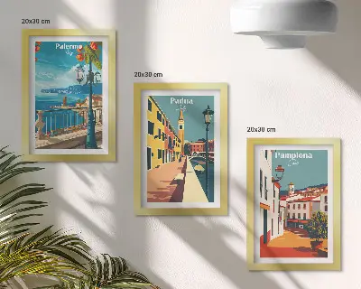 Moderne billedsæt med motiver af populære byer i en retro illustrativ stil