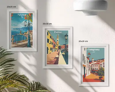 Moderne billedsæt med motiver af populære byer i en retro illustrativ stil