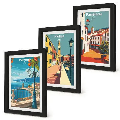 Moderne billedsæt med motiver af populære byer i en retro illustrativ stil