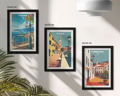 Moderne billedsæt med motiver af populære byer i en retro illustrativ stil
