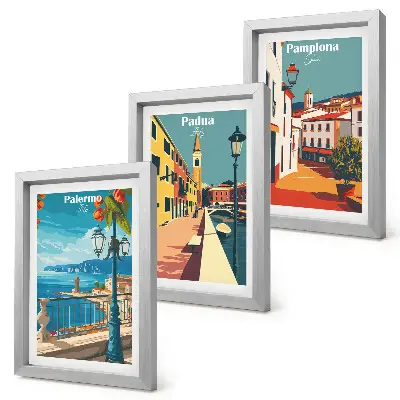 Moderne billedsæt med motiver af populære byer i en retro illustrativ stil