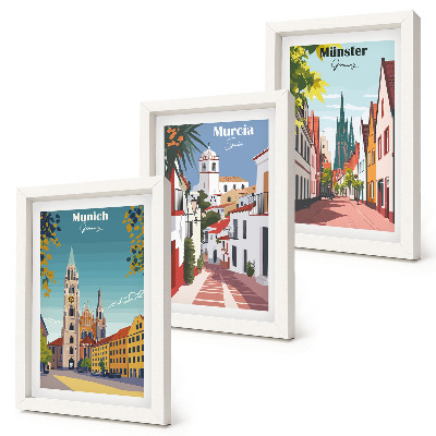 Pakke med billeder og rammer Europæiske byer i farverige illustrationer