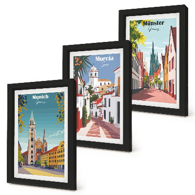 Pakke med billeder og rammer Europæiske byer i farverige illustrationer