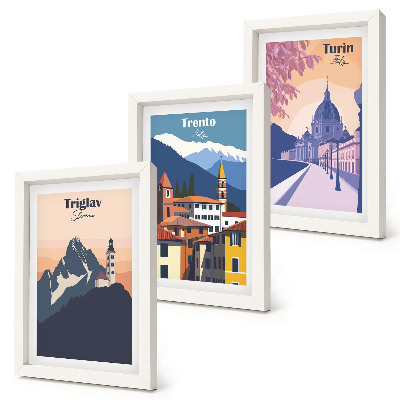 Moderne billedsæt Farverige illustrationer af bjerge og retroarkitektur