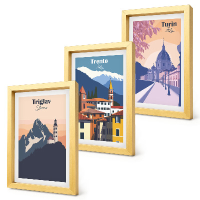 Moderne billedsæt Farverige illustrationer af bjerge og retroarkitektur