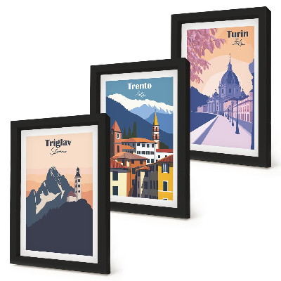 Moderne billedsæt Farverige illustrationer af bjerge og retroarkitektur