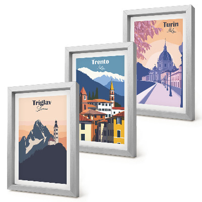 Moderne billedsæt Farverige illustrationer af bjerge og retroarkitektur