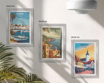 Billedvæg med motiv af kystbyer og arkitektur