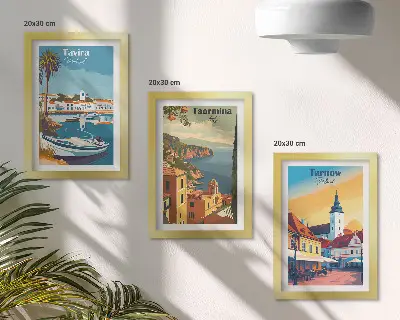 Billedvæg med motiv af kystbyer og arkitektur
