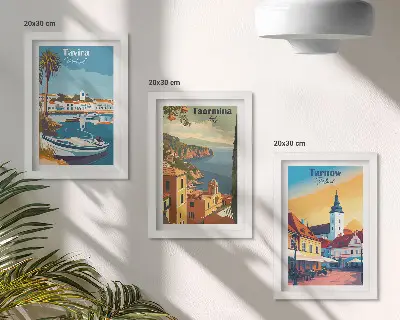 Billedvæg med motiv af kystbyer og arkitektur