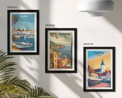 Billedvæg med motiv af kystbyer og arkitektur