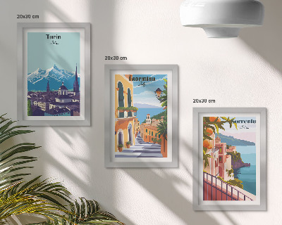 Pakke med billeder og rammer Farverige, illustrative bylandskaber i retrostil