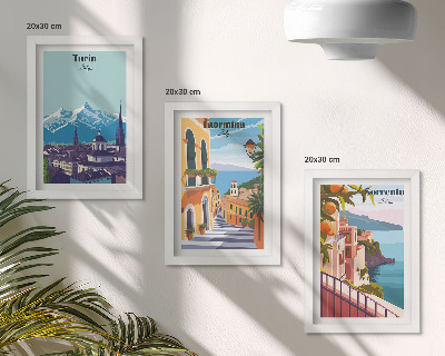Pakke med billeder og rammer Farverige, illustrative bylandskaber i retrostil