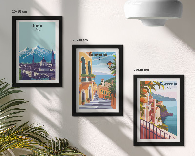 Pakke med billeder og rammer Farverige, illustrative bylandskaber i retrostil