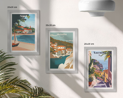 Moderne billedsæt Stilfulde illustrationer med udsigt over havet og byen