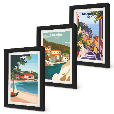 Moderne billedsæt Stilfulde illustrationer med udsigt over havet og byen
