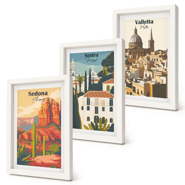 Pakke med billeder og rammer Retro bybilleder af Sedona, Sintra og Valletta