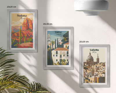 Pakke med billeder og rammer Retro bybilleder af Sedona, Sintra og Valletta