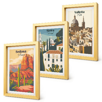 Pakke med billeder og rammer Retro bybilleder af Sedona, Sintra og Valletta