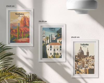 Pakke med billeder og rammer Retro bybilleder af Sedona, Sintra og Valletta