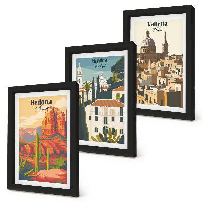 Pakke med billeder og rammer Retro bybilleder af Sedona, Sintra og Valletta
