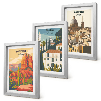 Pakke med billeder og rammer Retro bybilleder af Sedona, Sintra og Valletta