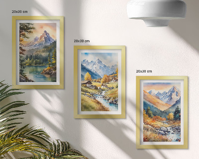 Moderne billedsæt Et bjerglandskab med en flod og hytter i efterårsfarver