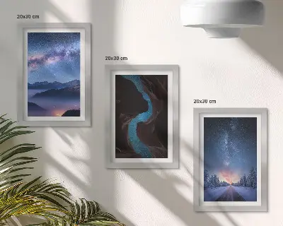 Billedvæg nattehimmel med bjergkløft og vinterlandskab