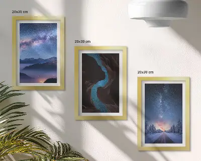 Billedvæg nattehimmel med bjergkløft og vinterlandskab
