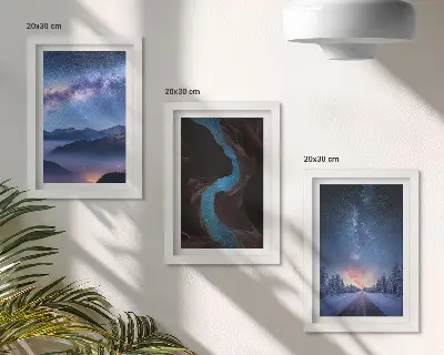 Billedvæg nattehimmel med bjergkløft og vinterlandskab