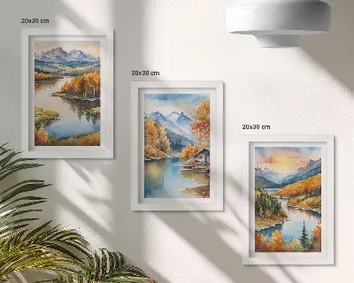 Moderne billedsæt efterårsbjerglandskaber med flod og sommerhus ved vandet