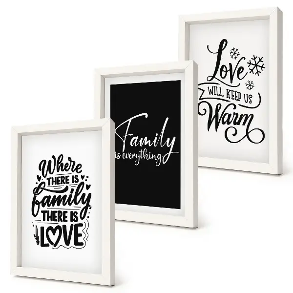 Pakke med billeder og rammer med motiver af familie, kærlighed, varme, hjem og inspirerende citater