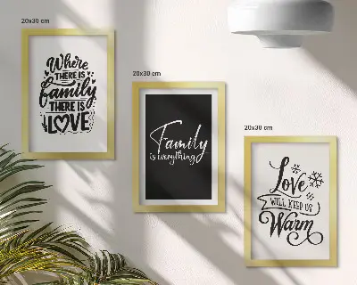 Pakke med billeder og rammer med motiver af familie, kærlighed, varme, hjem og inspirerende citater