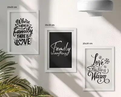 Pakke med billeder og rammer med motiver af familie, kærlighed, varme, hjem og inspirerende citater