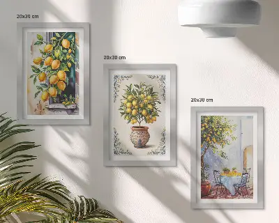 Moderne billedsæt med citrontræer og frugt i solrige omgivelser