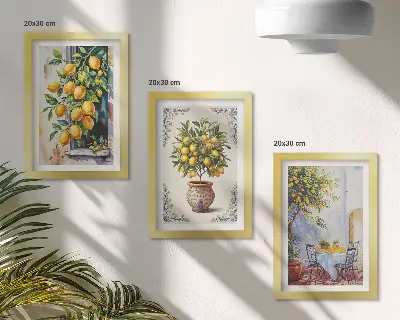 Moderne billedsæt med citrontræer og frugt i solrige omgivelser