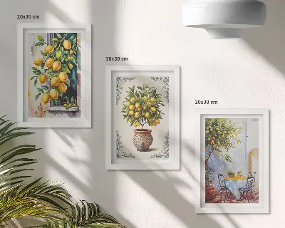 Moderne billedsæt med citrontræer og frugt i solrige omgivelser