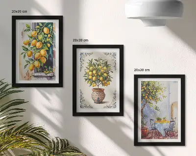 Moderne billedsæt med citrontræer og frugt i solrige omgivelser