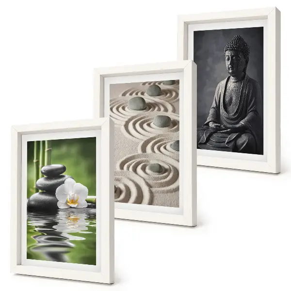 Billeder med ramme afslappende udsigt med Buddha, sten på stranden og bambus