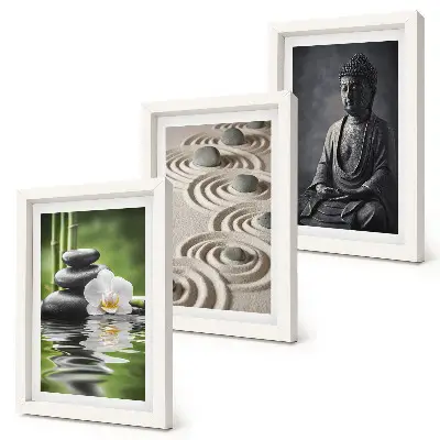 Billeder med ramme afslappende udsigt med Buddha, sten på stranden og bambus