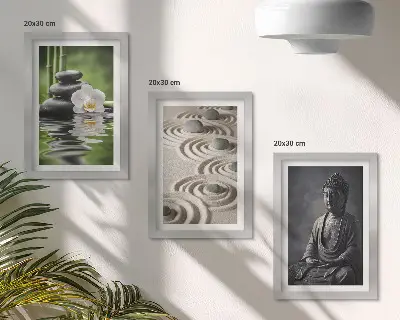 Billeder med ramme afslappende udsigt med Buddha, sten på stranden og bambus