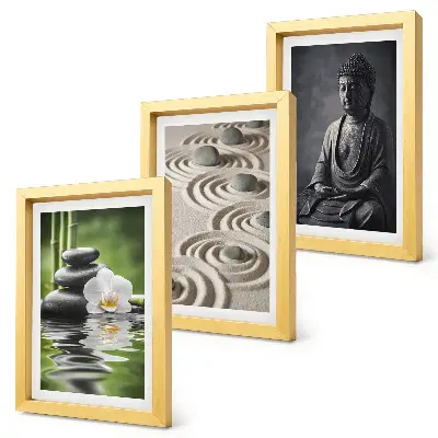 Billeder med ramme afslappende udsigt med Buddha, sten på stranden og bambus