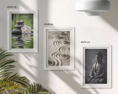 Billeder med ramme afslappende udsigt med Buddha, sten på stranden og bambus
