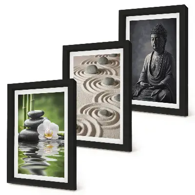 Billeder med ramme afslappende udsigt med Buddha, sten på stranden og bambus