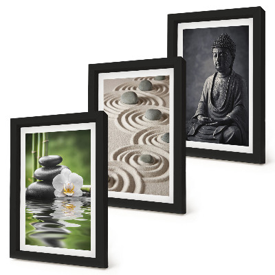 Pakke med billeder og rammer Afslappende udsigt over Buddha, sten på stranden og bambus